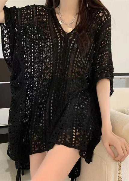 Stylish Neck V Knit Out Shirt Hollow Green Summer Tops FashionChic