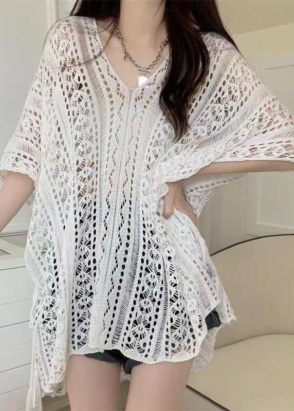 Stylish Neck V Knit Out Shirt Hollow Green Summer Tops FashionChic