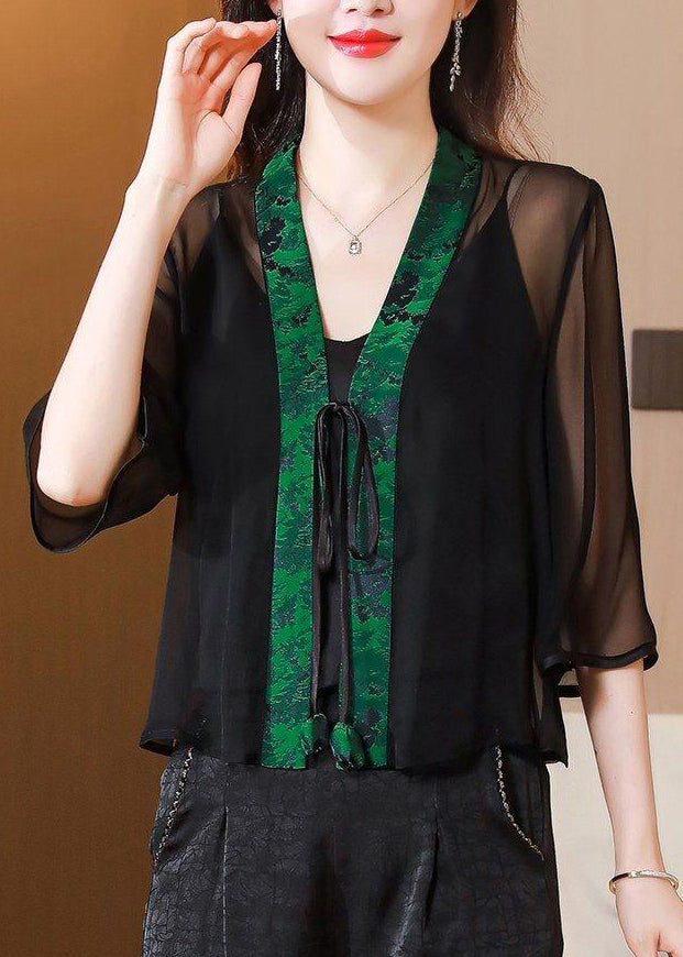 Print UPF Half Waist Green V Coat Tulle Tie 50+ Neck Stylish FashionChic