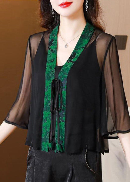 Print UPF Half Waist Green V Coat Tulle Tie 50+ Neck Stylish FashionChic