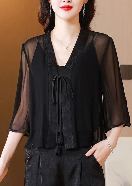 Print UPF Half Waist Green V Coat Tulle Tie 50+ Neck Stylish FashionChic