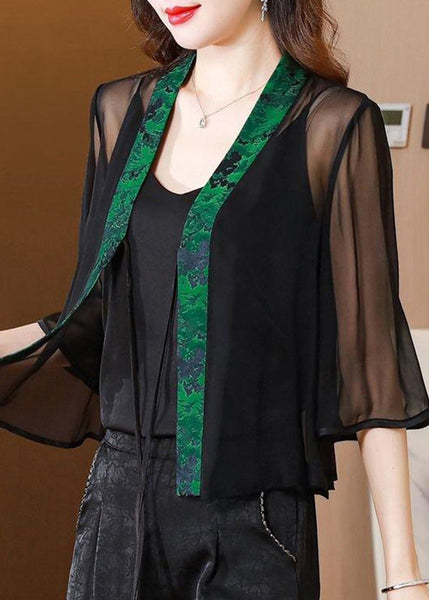 Print UPF Half Waist Green V Coat Tulle Tie 50+ Neck Stylish FashionChic