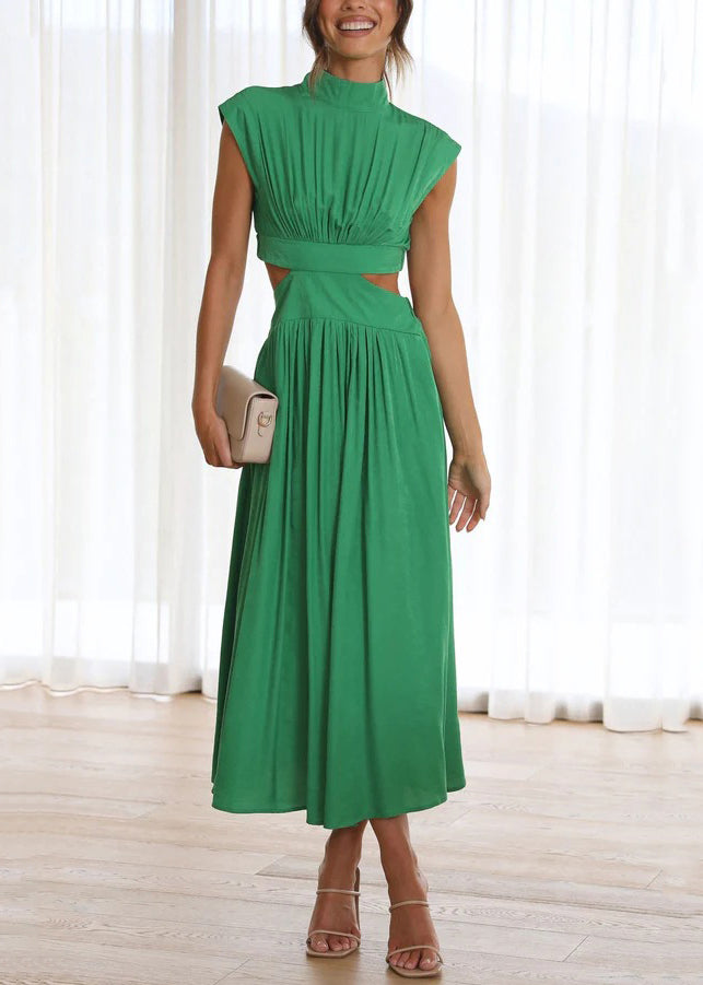 Green Cotton Stylish Long Dresses Summer Pockets Wrinkled FashionChic