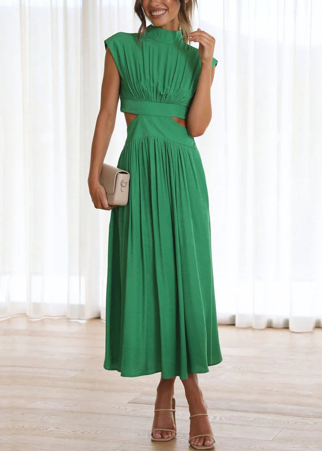 Green Cotton Stylish Long Dresses Summer Pockets Wrinkled FashionChic