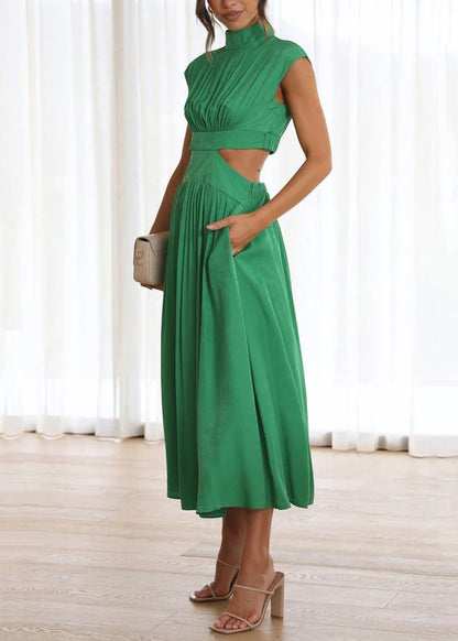 Green Cotton Stylish Long Dresses Summer Pockets Wrinkled FashionChic