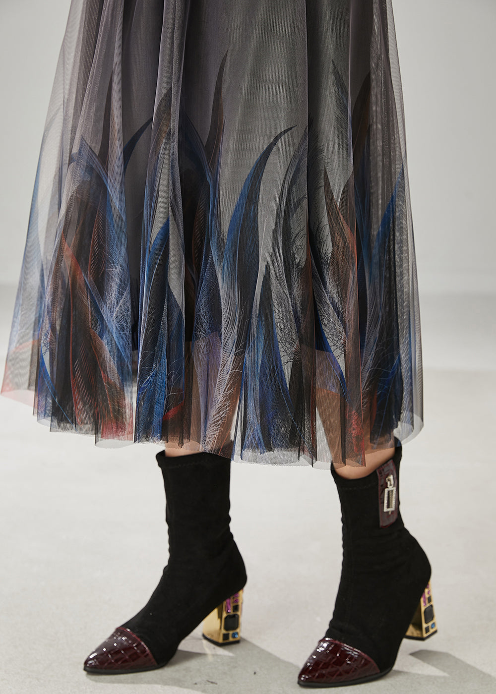 Stylish Grey Feather Print Tulle Skirts Summer YU1017 Ada Fashion