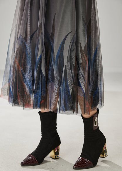Stylish Grey Feather Print Tulle Skirts Summer YU1017 Ada Fashion