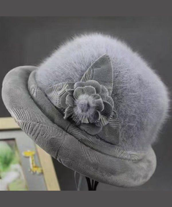Stylish Grey Floral The Rabbit Woolen Bucket Hat RB051 ABC