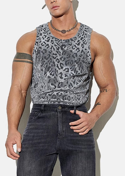 Sleeveless Cozy Stylish Velour Leopard Grey Mens Tank Silk FashionChic