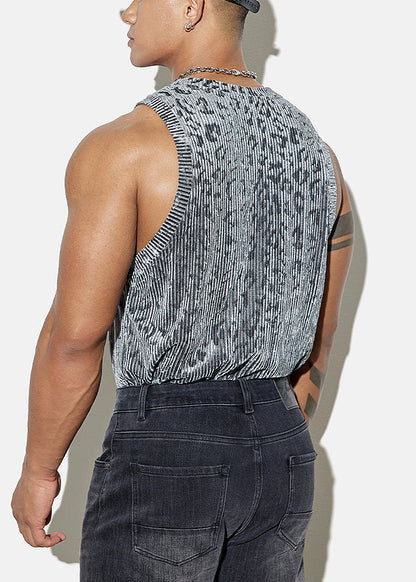 Sleeveless Cozy Stylish Velour Leopard Grey Mens Tank Silk FashionChic