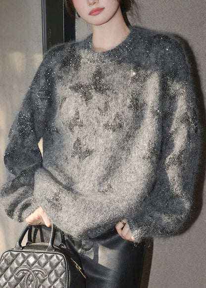 Stylish Grey O Neck Sequins Knit Pullover Spring YY023 ABC