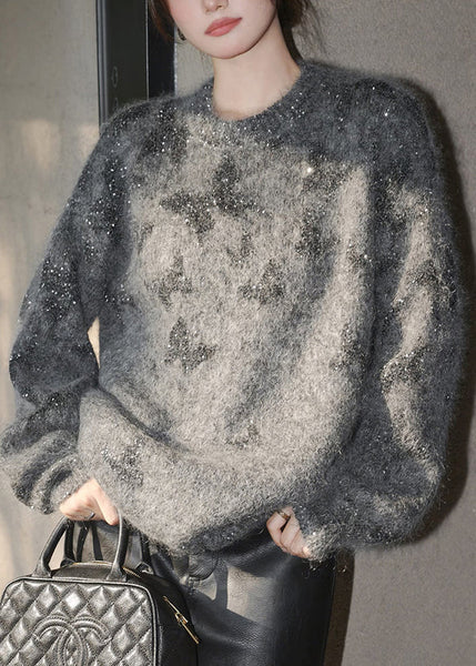 Stylish Grey O Neck Sequins Knit Pullover Spring YY023 ABC