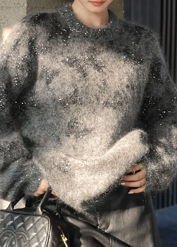 Stylish Grey O Neck Sequins Knit Pullover Spring YY023 ABC