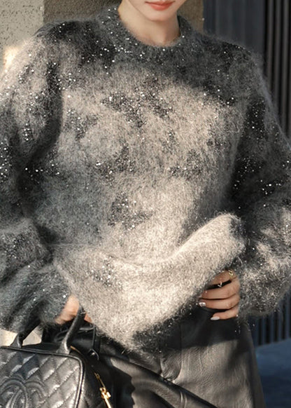 Stylish Grey O Neck Sequins Knit Pullover Spring YY023 ABC