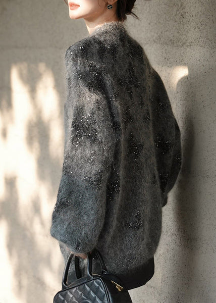 Stylish Grey O Neck Sequins Knit Pullover Spring YY023 ABC