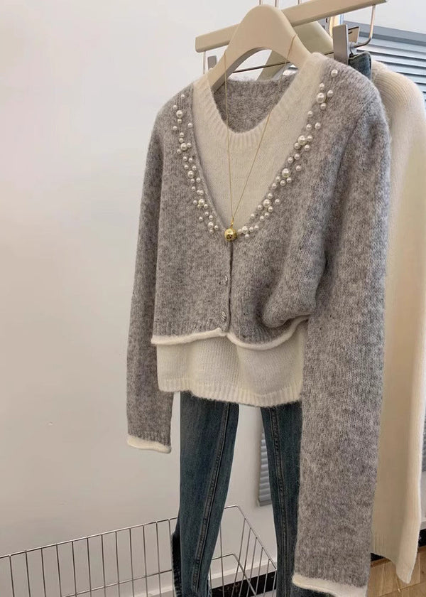 Stylish Grey Pearl False Two Pieces Knit Sweaters Winter WK026 OM-SW241119