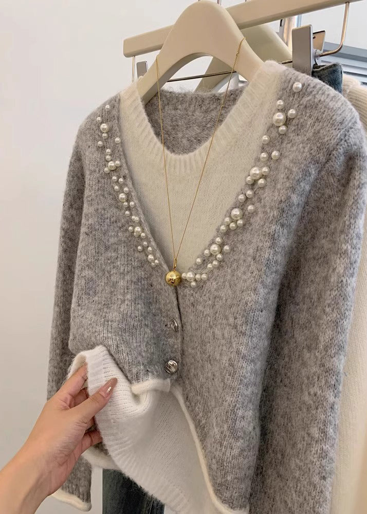 Stylish Grey Pearl False Two Pieces Knit Sweaters Winter WX016 ABC