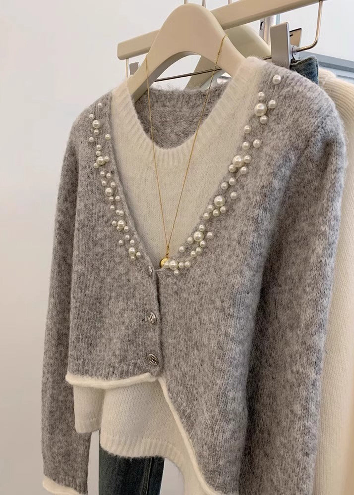 Stylish Grey Pearl False Two Pieces Knit Sweaters Winter WX016 ABC