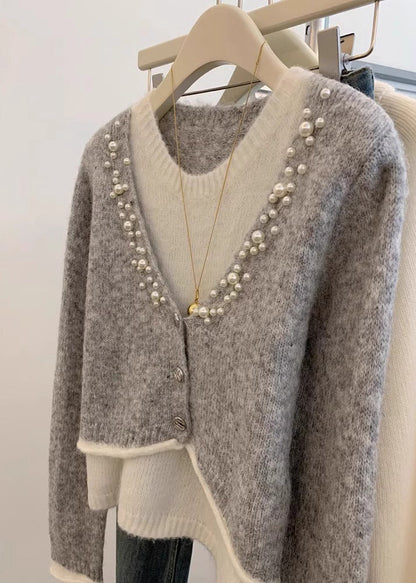 Stylish Grey Pearl False Two Pieces Knit Sweaters Winter WX016 ABC