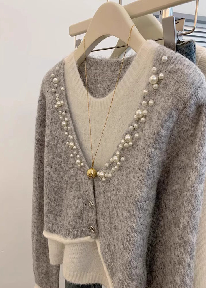 Stylish Grey Pearl False Two Pieces Knit Sweaters Winter WX016 ABC