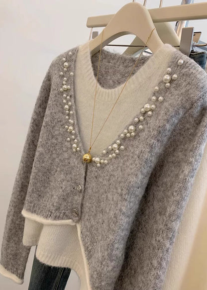 Stylish Grey Pearl False Two Pieces Knit Sweaters Winter WX016 ABC