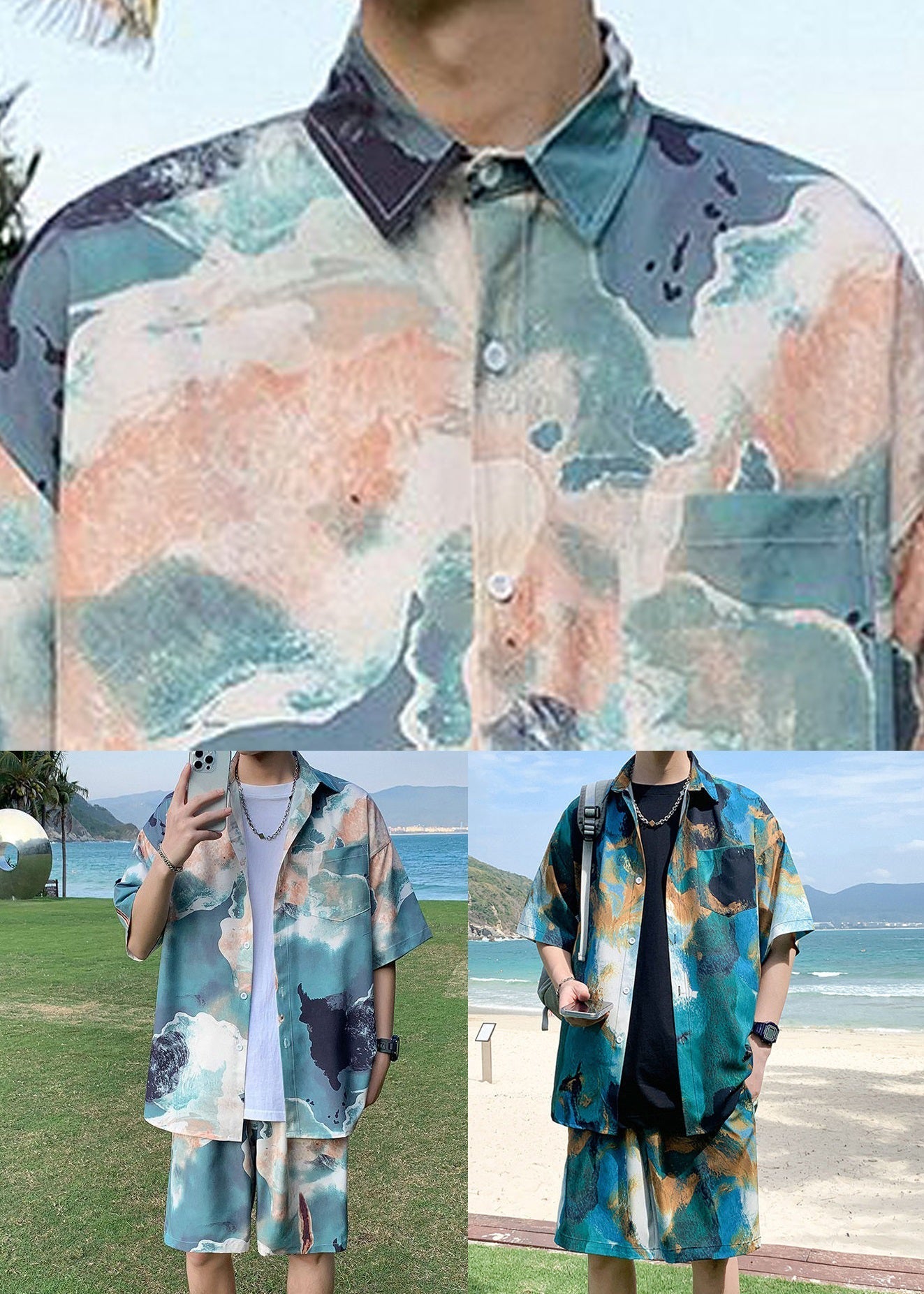 Stylish Grey Print Elastic Waist Ice Silk Mens Men Two Pieces Set Short Sleeve HG041 Men-Silk-MENTS240725