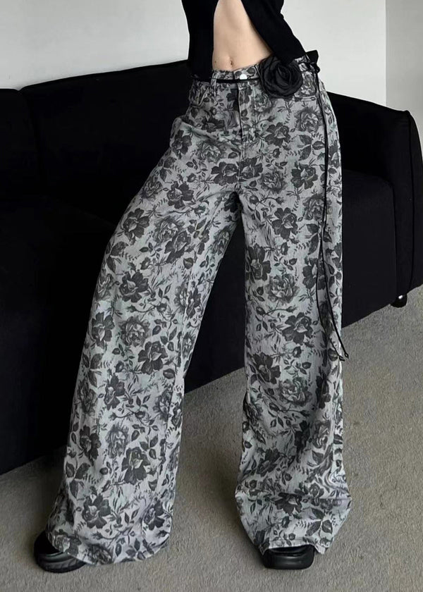 Stylish Grey Print Pockets Denim Wide Leg Pants Fall QK001 BB-LPTS241022