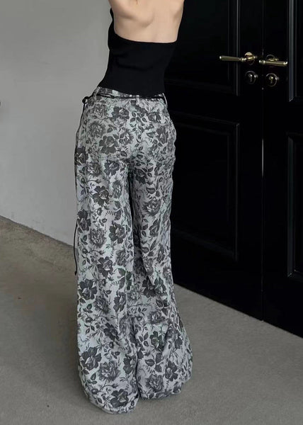 Stylish Grey Print Pockets Denim Wide Leg Pants Fall QK001 BB-LPTS241022