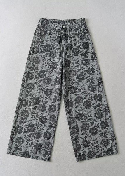 Stylish Grey Print Pockets Denim Wide Leg Pants Fall QK001 BB-LPTS241022