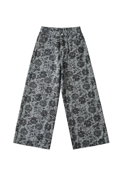 Stylish Grey Print Pockets Denim Wide Leg Pants Fall QK001 BB-LPTS241022