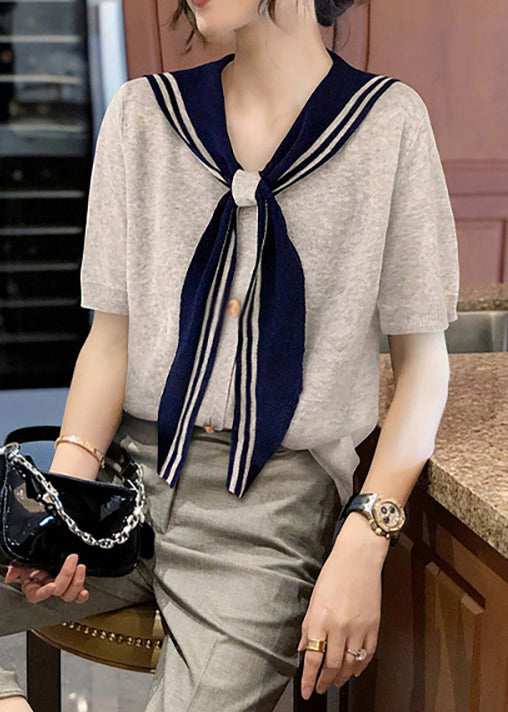 Summer T Stylish Collar Sailor Shirt Patchwork Grey Cotton FashionChic