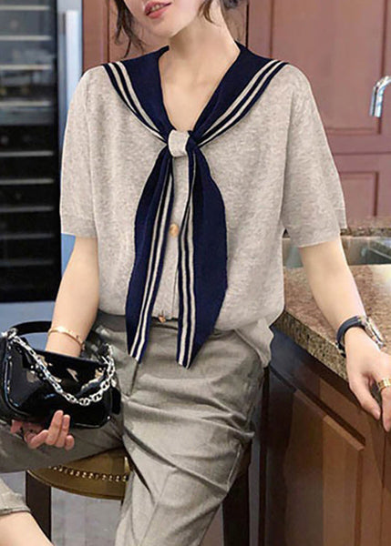 Summer T Stylish Collar Sailor Shirt Patchwork Grey Cotton FashionChic