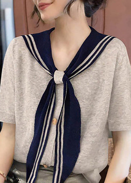 Summer T Stylish Collar Sailor Shirt Patchwork Grey Cotton FashionChic
