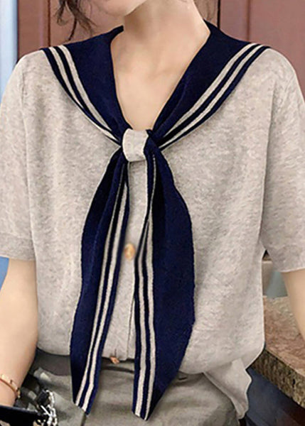 Summer T Stylish Collar Sailor Shirt Patchwork Grey Cotton FashionChic