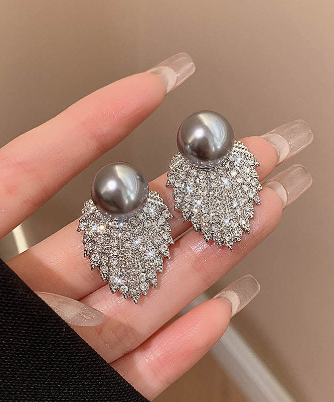 Stylish Grey Sterling Silver Alloy Pearl Zircon Stud Earrings QQ053 JEW-EAR240811