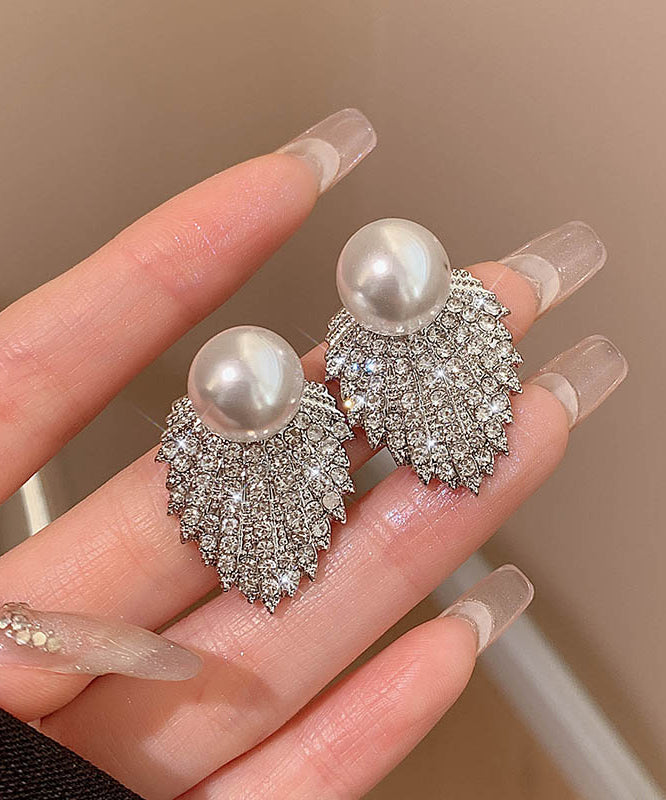 Stylish Grey Sterling Silver Alloy Pearl Zircon Stud Earrings QQ053 JEW-EAR240811