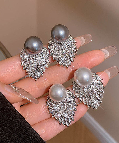Stylish Grey Sterling Silver Alloy Pearl Zircon Stud Earrings QQ053 JEW-EAR240811