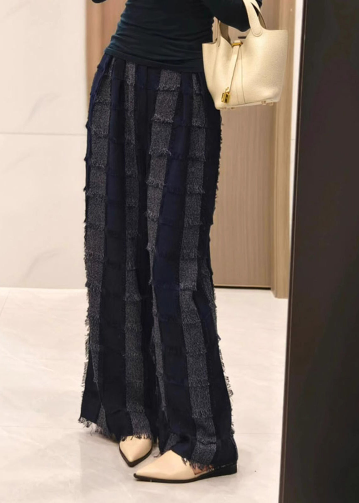 Cotton Pants Striped Tasseled Fall Stylish Grey FashionChic