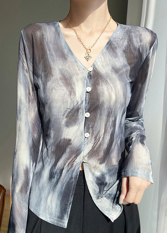 Shirt Tulle Fall Print Grey V Neck T Stylish FashionChic