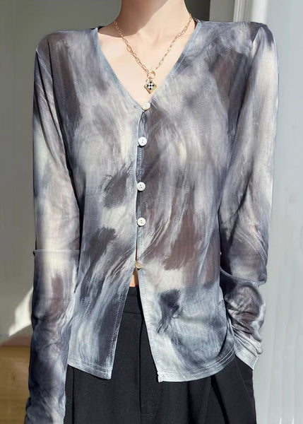 Shirt Tulle Fall Print Grey V Neck T Stylish FashionChic