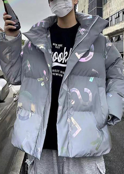 Stylish Grey Zip Up Print Pockets Men Parka Winter RM005 ABC