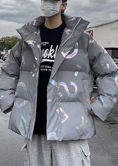 Stylish Grey Zip Up Print Pockets Men Parka Winter RM005 ABC