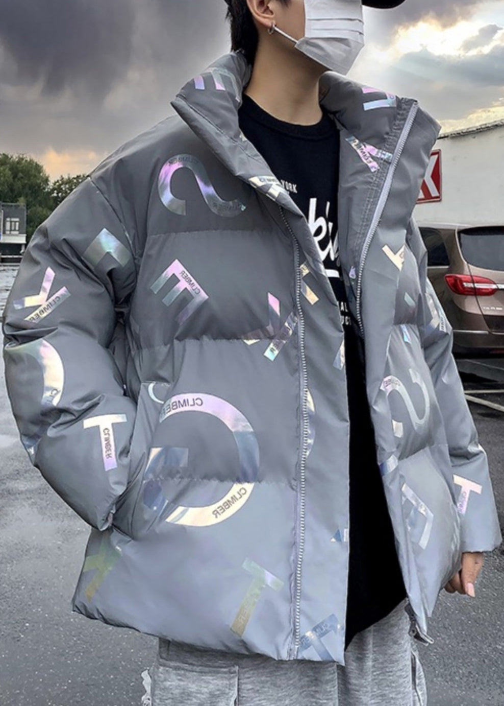 Stylish Grey Zip Up Print Pockets Men Parka Winter RM005 ABC