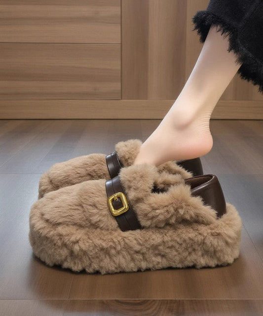 Stylish Khaki Fuzzy Fur Fluffy Splicing Comfy Flat Feet Shoes YR038 ABC