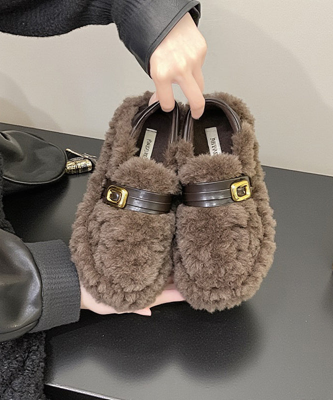 Stylish Khaki Fuzzy Fur Fluffy Splicing Comfy Flat Feet Shoes YR038 ABC