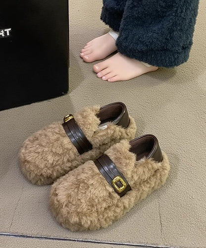 Stylish Khaki Fuzzy Fur Fluffy Splicing Comfy Flat Feet Shoes YR038 ABC