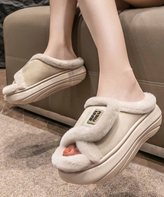 Stylish Khaki Fuzzy Fur Slippers Shoes Platform WT015 shoe-JTX241030