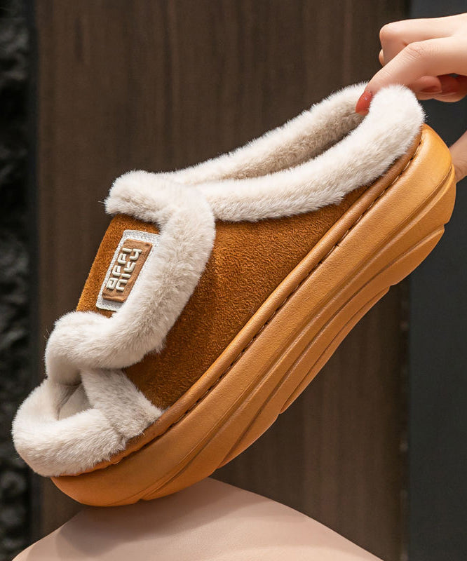 Stylish Khaki Fuzzy Fur Slippers Shoes Platform WT015 shoe-JTX241030