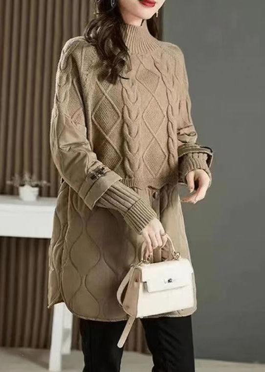 Stylish Khaki High Neck Thick Patchwork Knit Sweaters Fall QL045 OM-OL241021