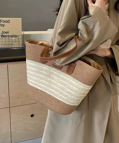 Khaki Woven Straw Shoulder Durable Stylish Capacity Bag Large FashionChic